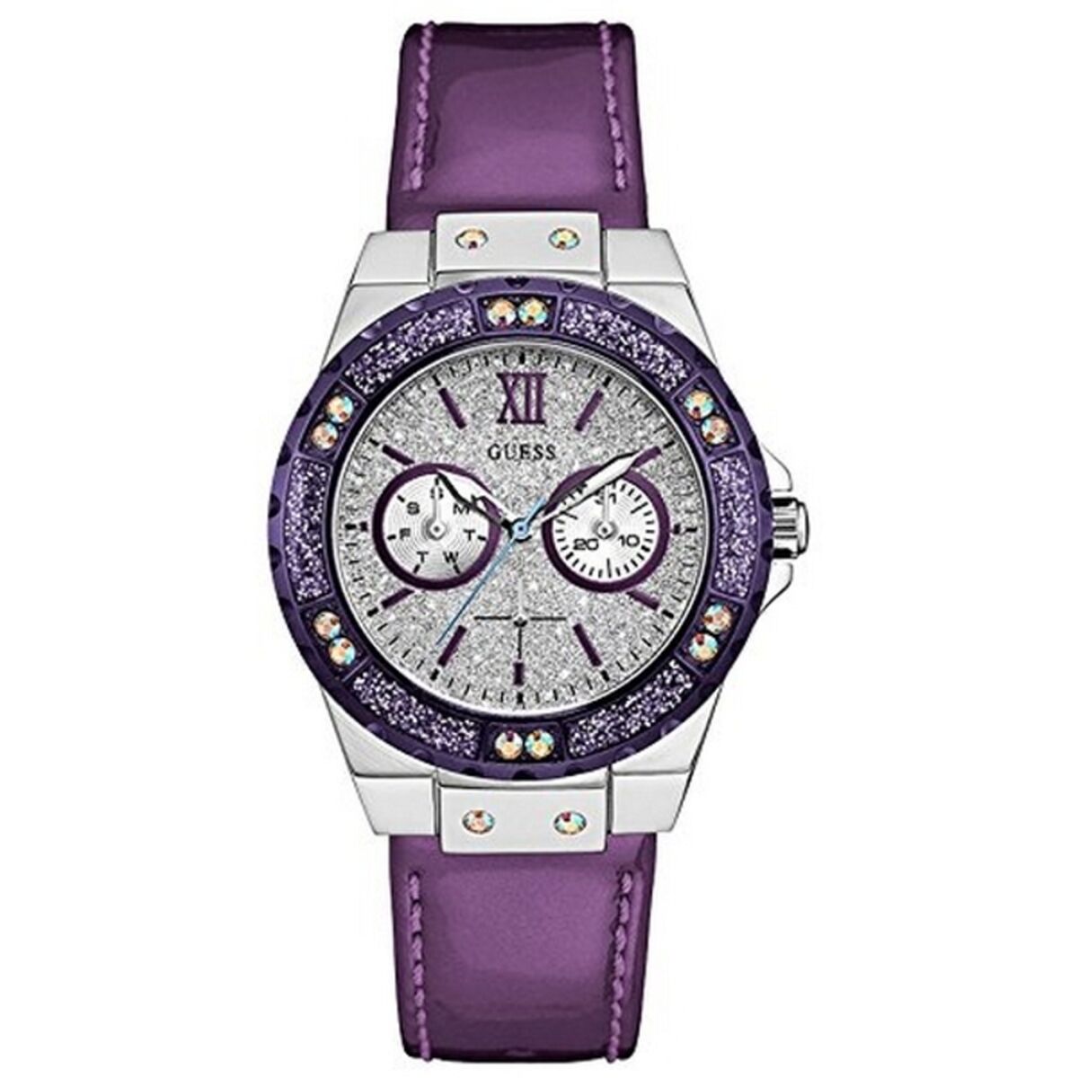 Montre Femme Guess W0775L6 – 38 mm, Bracelet Violet, Boîtier Acier Argenté, Quartz, Étanche 5 ATM