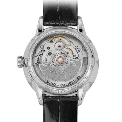 Montre Femme Mido (Ø 34 mm) – Automatique, Date, Bracelet Cuir, Verre Saphir, Étanche 3 ATM