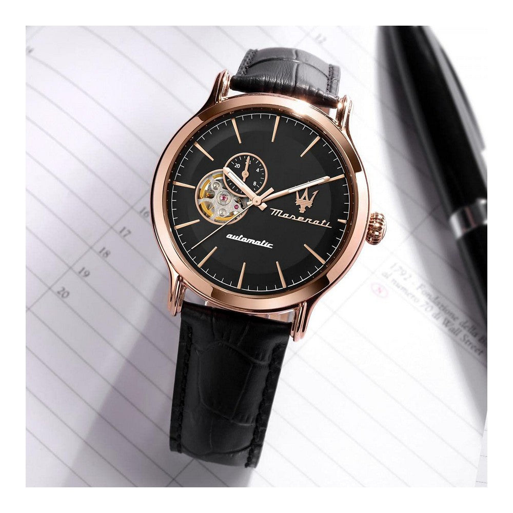 Montre Homme Maserati R8821118009 (Ø 42 mm) – Automatique, Acier Inoxydable Or Rose, Cuir Noir, Verre Saphir, Étanche 10 ATM