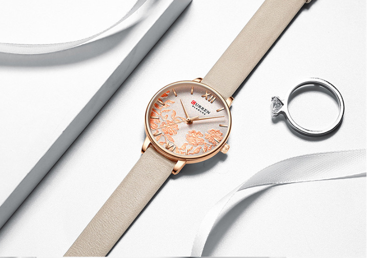 Montre Femme Curren Fleurit (Ø 32 mm) – Élégance Florale, Cuir Véritable & Détails Or Rose
