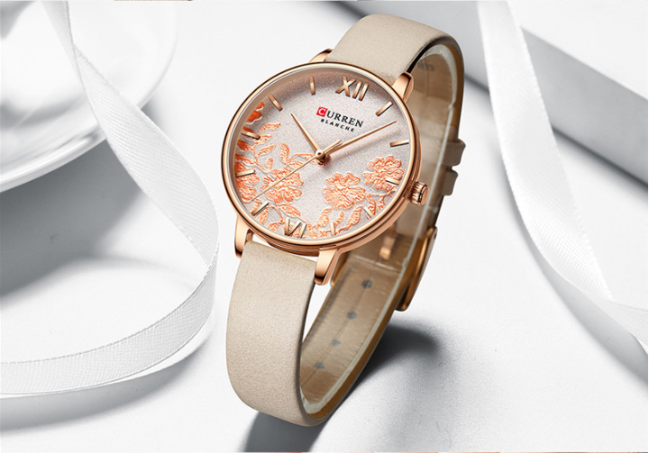 Montre Femme Curren Fleurit (Ø 32 mm) – Élégance Florale, Cuir Véritable & Détails Or Rose