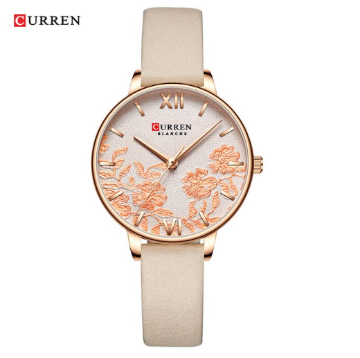 Montre Femme Curren Fleurit (Ø 32 mm) – Élégance Florale, Cuir Véritable & Détails Or Rose