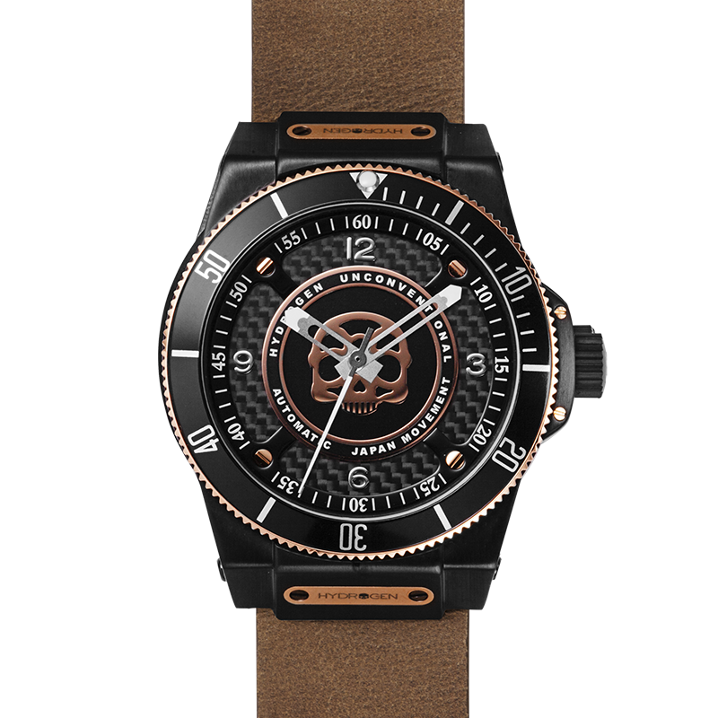 Montre Sportivo Black Brown Nato (HW324203) – Acier Noir & Or Rose, Cadran avec Logo Skull Hydrogen, Bracelet Cuir Marron