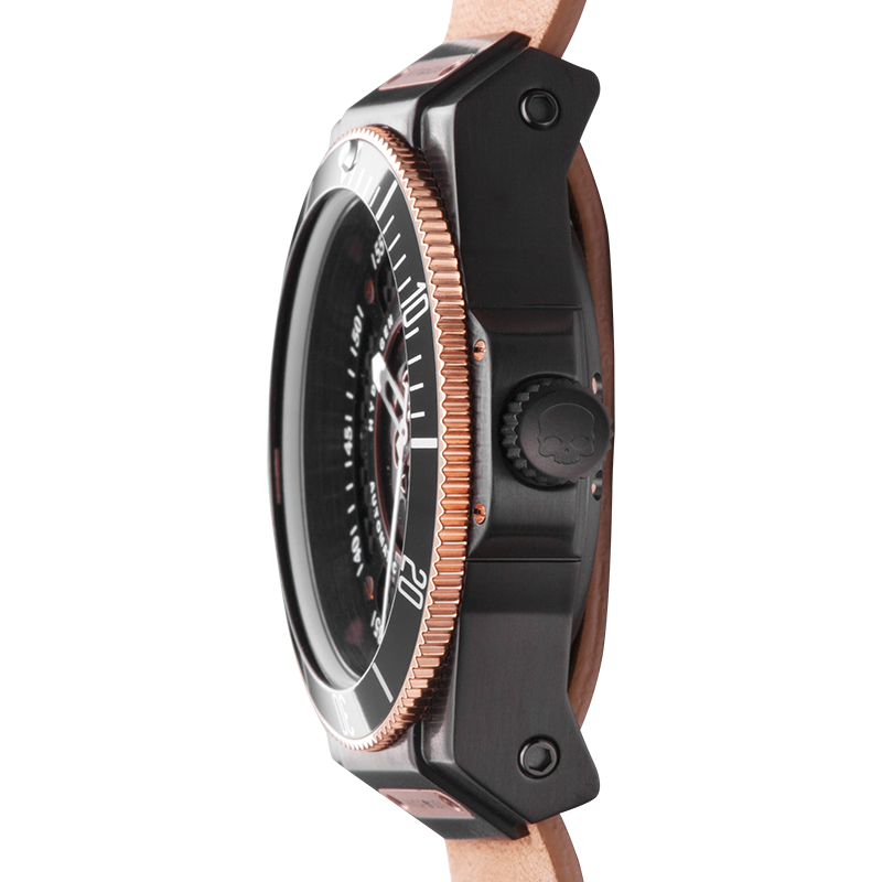Montre Sportivo Black Brown Nato (HW324203) – Acier Noir & Or Rose, Cadran avec Logo Skull Hydrogen, Bracelet Cuir Marron