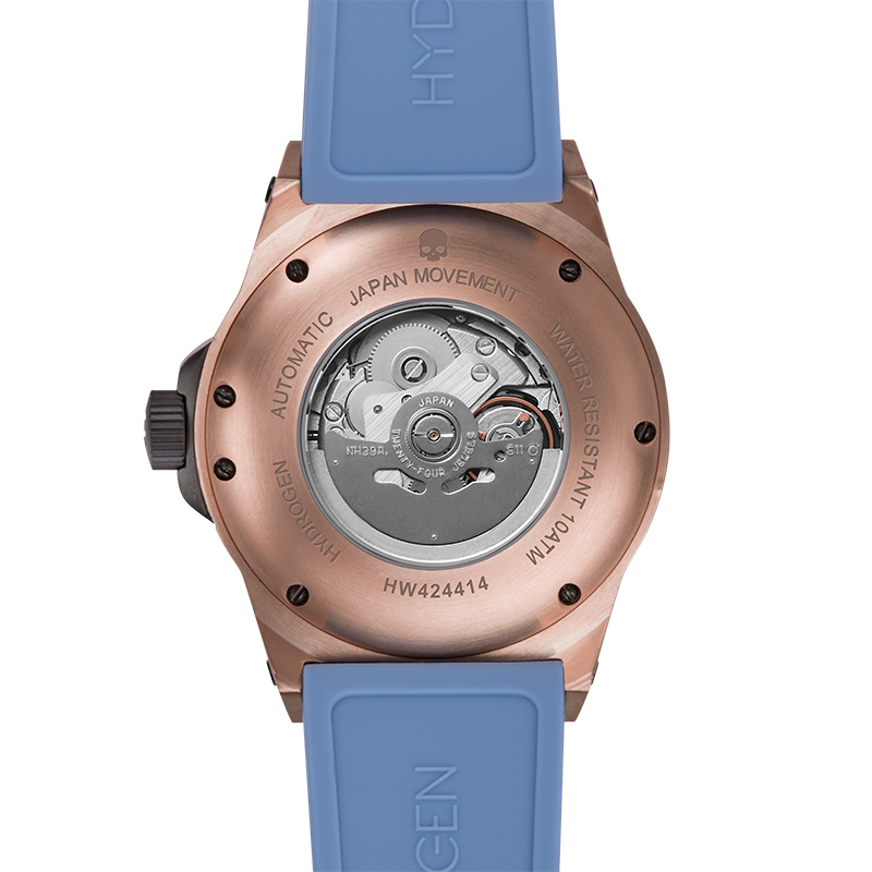 Montre Vento Rose Gold Light Blue (HW424414) – Automatique GMT Japon, Acier Or Rose, Cadran Bleu Clair, Bracelet Silicone Bleu, Lunette Plongée