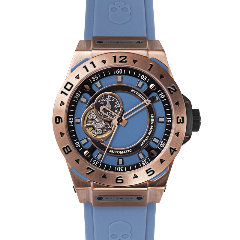 Montre Vento Rose Gold Light Blue (HW424414) – Automatique GMT Japon, Acier Or Rose, Cadran Bleu Clair, Bracelet Silicone Bleu, Lunette Plongée