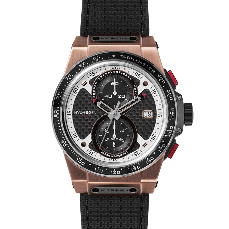 Montre Otto Chrono Black Rose Gold – Chronographe 2 Compteurs, Acier Or Rose, Cadran Fibre Carbone, Bracelet Silicone Noir