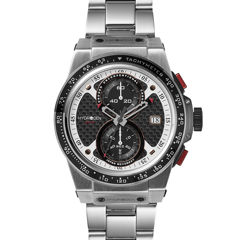 Montre Otto Chrono Silver Bracelet – Chronographe 2 Compteurs, Tachymètre, Acier Inoxydable, Cadran Fibre Carbone, Bracelet 3 Maillons