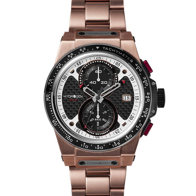 Montre Otto Chrono All Rose Gold Bracelet – Chronographe 2 Compteurs, Acier Or Rose, Bracelet 3 Maillons, Cadran Fibre Carbone