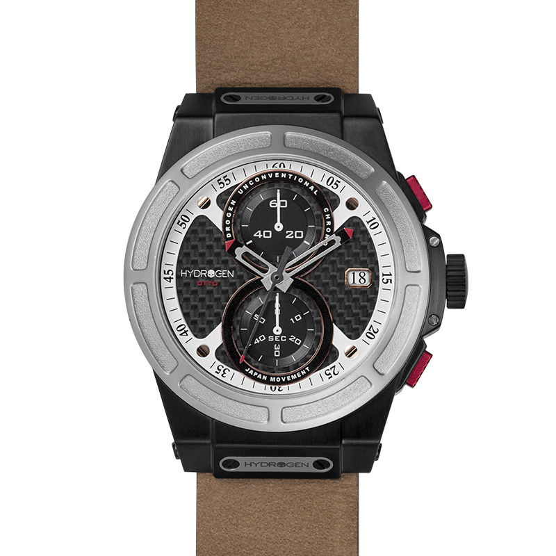 Montre Otto Chrono Silver Black Nato – Chronographe 2 Compteurs, Acier Noir & Argent, Cadran Fibre Carbone, Bracelet Cuir Marron