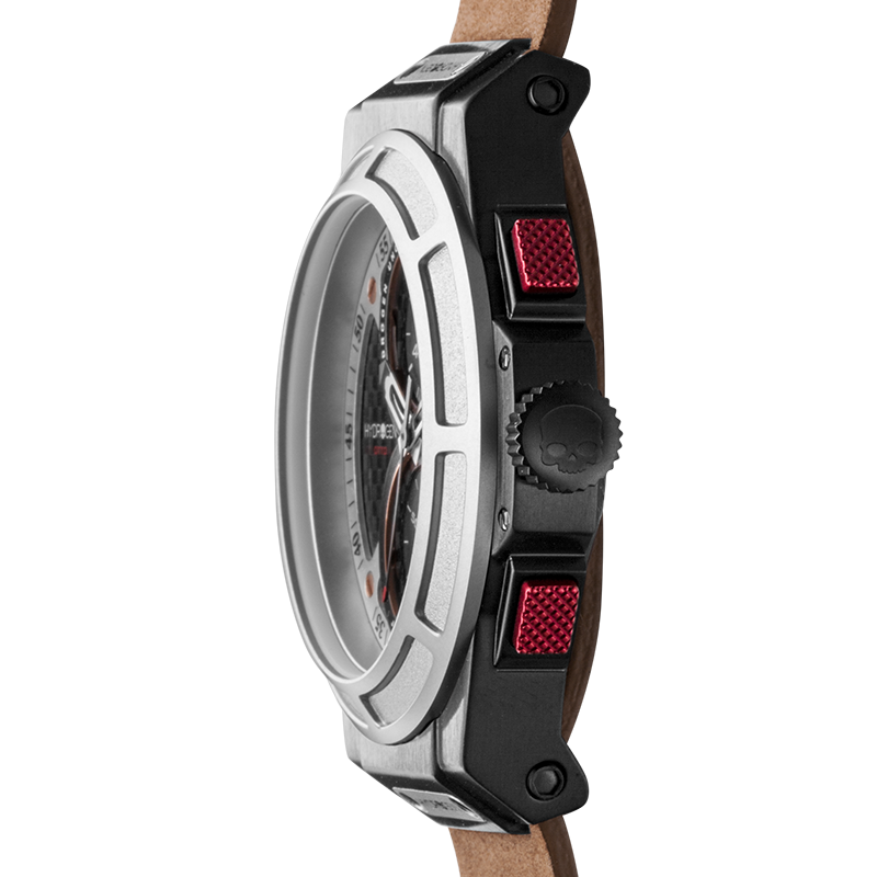 Montre Otto Chrono Silver Black Nato – Chronographe 2 Compteurs, Acier Noir & Argent, Cadran Fibre Carbone, Bracelet Cuir Marron