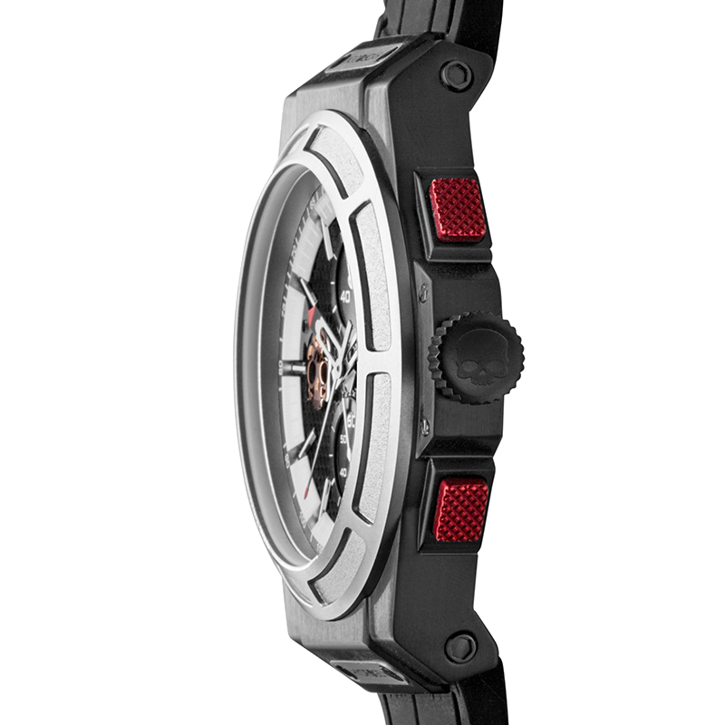 Montre Otto Chrono Silver Matt Black – Chronographe, Acier Inoxydable Noir & Acier, Cadran Fibre Carbone, Bracelet Silicone Noir Croco