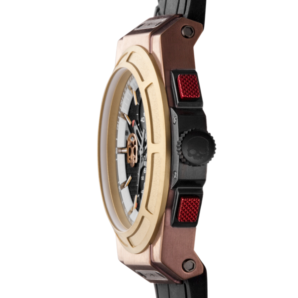 Montre Otto Chrono Gold and Brown Mix (HW514410) – Chronographe, Acier Or Rose & Or Jaune, Cadran Fibre Carbone, Logo Skull Hydrogen, Bracelet Silicone Croco Noir
