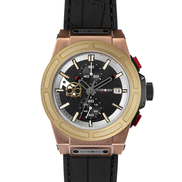 Montre Otto Chrono Gold and Brown Mix (HW514410) – Chronographe, Acier Or Rose & Or Jaune, Cadran Fibre Carbone, Logo Skull Hydrogen, Bracelet Silicone Croco Noir