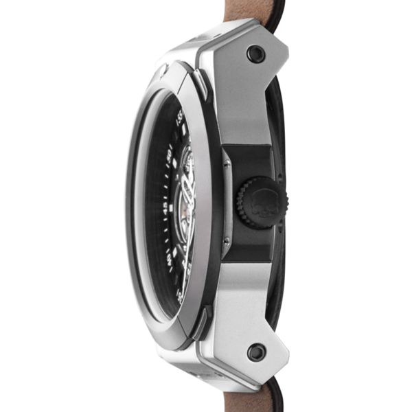 Montre Vento Silver Black Leather – Automatique GMT NH30 Japon, Acier Inoxydable, Cadran Noir Métallique, Bracelet Cuir Marron