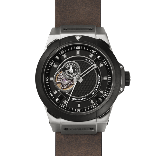 Montre Vento Silver Black Leather – Automatique GMT NH30 Japon, Acier Inoxydable, Cadran Noir Métallique, Bracelet Cuir Marron