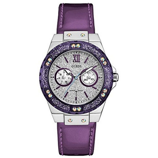 Montre Femme Guess W0775L6 – 38 mm, Bracelet Violet, Boîtier Acier Argenté, Quartz, Étanche 5 ATM