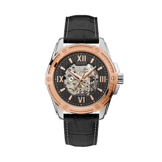 Montre Homme Guess W1308G1 – 45 mm, Automatique, Cadran Noir, Bracelet Cuir Noir, Étanche 5 ATM