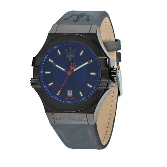 Montre Homme Maserati POTENZA (Ø 45 mm) – Quartz, Bracelet Cuir Gris, Cadran Bleu, Étanche 10 ATM