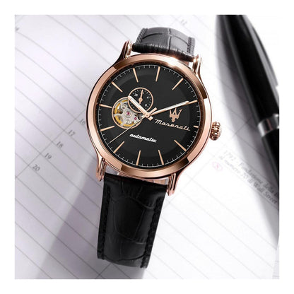 Montre Homme Maserati R8821118009 (Ø 42 mm) – Automatique, Acier Inoxydable Or Rose, Cuir Noir, Verre Saphir, Étanche 10 ATM