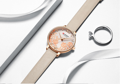 Montre Femme Curren Fleurit (Ø 32 mm) – Élégance Florale, Cuir Véritable & Détails Or Rose