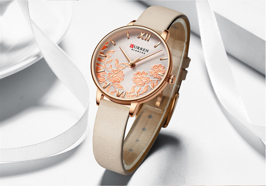 Montre Femme Curren Fleurit (Ø 32 mm) – Élégance Florale, Cuir Véritable & Détails Or Rose