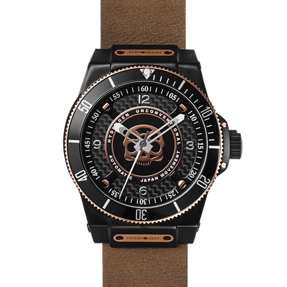 Montre Sportivo Black Brown Nato (HW324203) – Acier Noir & Or Rose, Cadran avec Logo Skull Hydrogen, Bracelet Cuir Marron