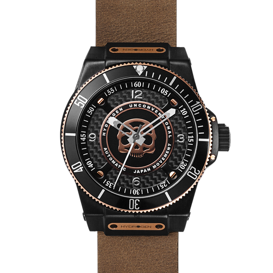 Montre Sportivo Black Brown Nato (HW324203) – Acier Noir & Or Rose, Cadran avec Logo Skull Hydrogen, Bracelet Cuir Marron
