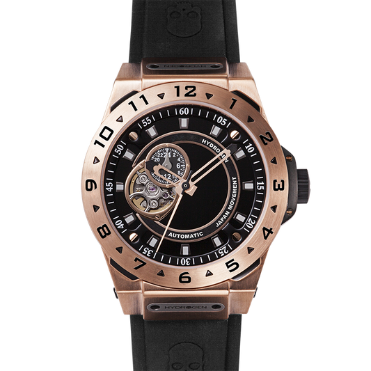 Montre Vento Black Rose Gold – Automatique NH39 Open Heart, Acier Or Rose, Cadran Noir, Bracelet Silicone Noir