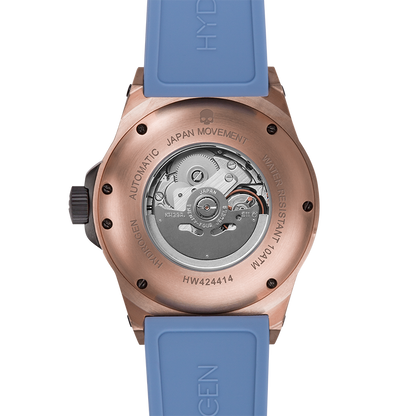 Montre Vento Rose Gold Light Blue (HW424414) – Automatique GMT Japon, Acier Or Rose, Cadran Bleu Clair, Bracelet Silicone Bleu, Lunette Plongée