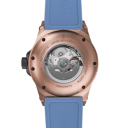Montre Vento Rose Gold Light Blue (HW424414) – Automatique GMT Japon, Acier Or Rose, Cadran Bleu Clair, Bracelet Silicone Bleu, Lunette Plongée