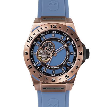 Montre Vento Rose Gold Light Blue (HW424414) – Automatique GMT Japon, Acier Or Rose, Cadran Bleu Clair, Bracelet Silicone Bleu, Lunette Plongée