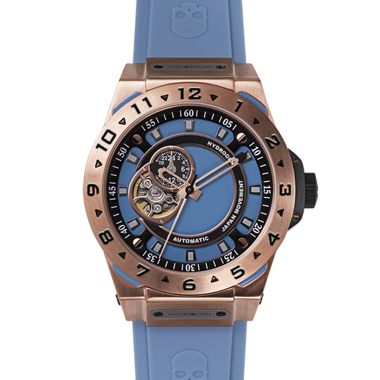 Montre Vento Rose Gold Light Blue (HW424414) – Automatique GMT Japon, Acier Or Rose, Cadran Bleu Clair, Bracelet Silicone Bleu, Lunette Plongée