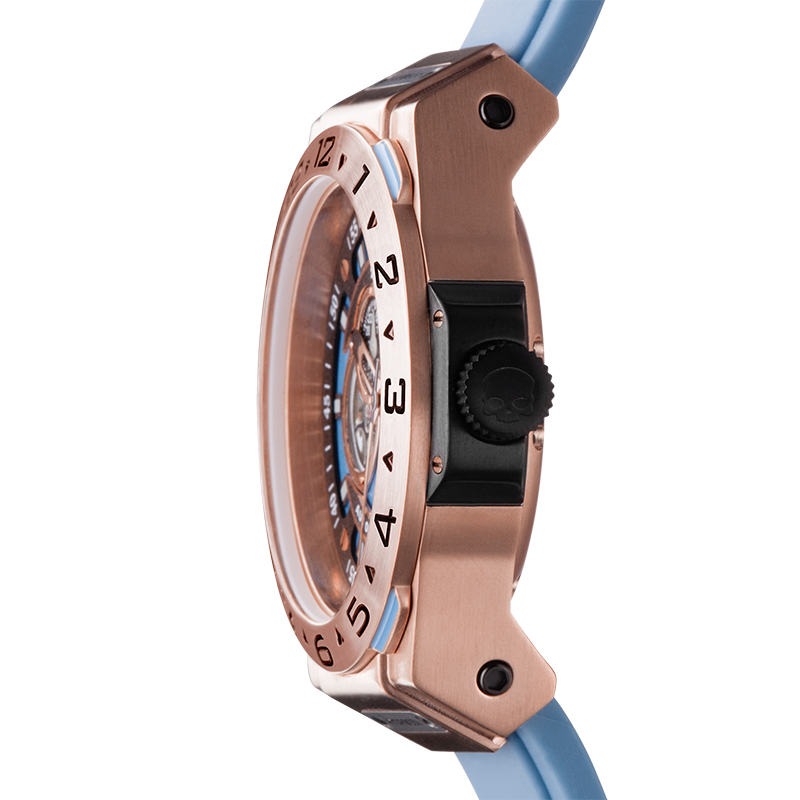 Montre Vento Rose Gold Light Blue (HW424414) – Automatique GMT Japon, Acier Or Rose, Cadran Bleu Clair, Bracelet Silicone Bleu, Lunette Plongée