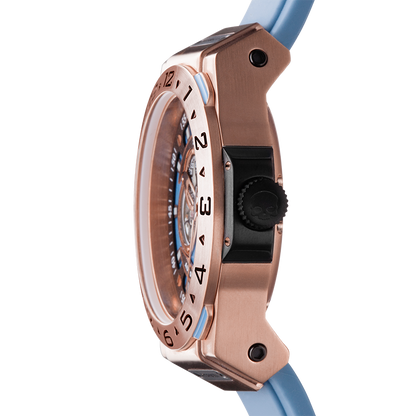 Montre Vento Rose Gold Light Blue (HW424414) – Automatique GMT Japon, Acier Or Rose, Cadran Bleu Clair, Bracelet Silicone Bleu, Lunette Plongée
