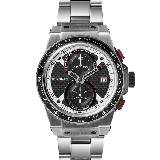 Montre Otto Chrono Silver Bracelet – Chronographe 2 Compteurs, Tachymètre, Acier Inoxydable, Cadran Fibre Carbone, Bracelet 3 Maillons