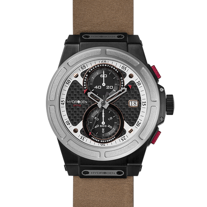 Montre Otto Chrono Silver Black Nato – Chronographe 2 Compteurs, Acier Noir & Argent, Cadran Fibre Carbone, Bracelet Cuir Marron