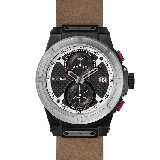 Montre Otto Chrono Silver Black Nato – Chronographe 2 Compteurs, Acier Noir & Argent, Cadran Fibre Carbone, Bracelet Cuir Marron