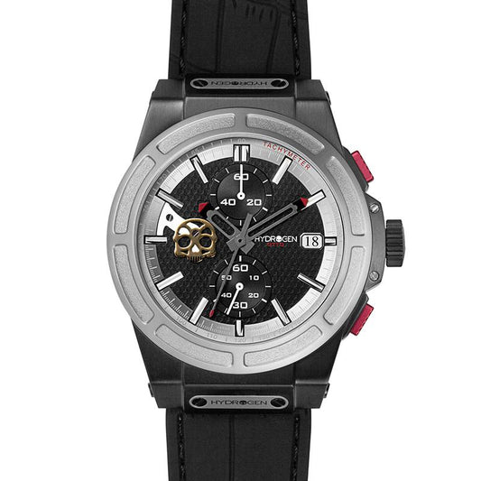 Montre Otto Chrono Silver Matt Black – Chronographe, Acier Inoxydable Noir & Acier, Cadran Fibre Carbone, Bracelet Silicone Noir Croco