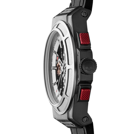 Montre Otto Chrono Silver Matt Black – Chronographe, Acier Inoxydable Noir & Acier, Cadran Fibre Carbone, Bracelet Silicone Noir Croco