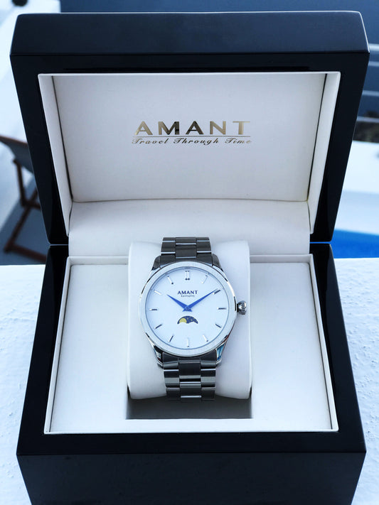 Montre AmantSantorini Moonphase – Édition Limitée 50 pièces, Phase de Lune, Acier 316L, Verre Saphir, Étanche 10 ATM