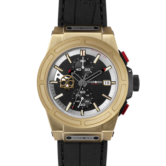 Montre Otto Chrono All Gold – Chronographe, Acier Inoxydable Noir & Or Jaune, Cadran Fibre Carbone, Bracelet Silicone Noir Croco