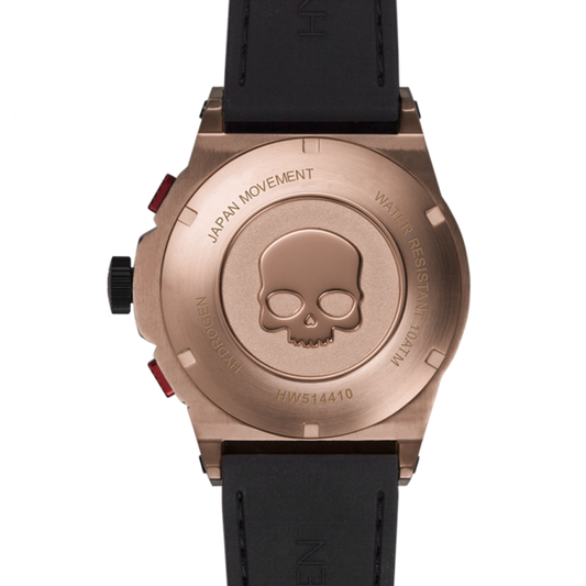 Montre Otto Chrono Gold and Brown Mix (HW514410) – Chronographe, Acier Or Rose & Or Jaune, Cadran Fibre Carbone, Logo Skull Hydrogen, Bracelet Silicone Croco Noir