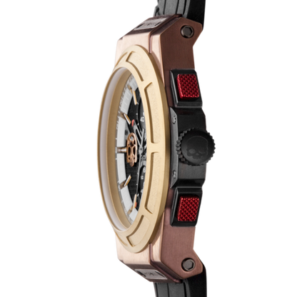 Montre Otto Chrono Gold and Brown Mix (HW514410) – Chronographe, Acier Or Rose & Or Jaune, Cadran Fibre Carbone, Logo Skull Hydrogen, Bracelet Silicone Croco Noir