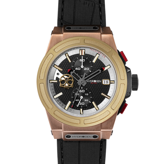 Montre Otto Chrono Gold and Brown Mix (HW514410) – Chronographe, Acier Or Rose & Or Jaune, Cadran Fibre Carbone, Logo Skull Hydrogen, Bracelet Silicone Croco Noir