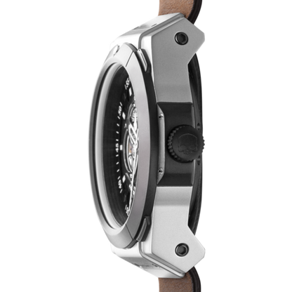 Montre Vento Silver Black Leather – Automatique GMT NH30 Japon, Acier Inoxydable, Cadran Noir Métallique, Bracelet Cuir Marron