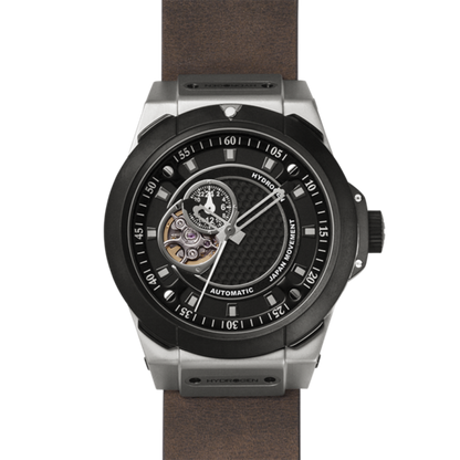 Montre Vento Silver Black Leather – Automatique GMT NH30 Japon, Acier Inoxydable, Cadran Noir Métallique, Bracelet Cuir Marron