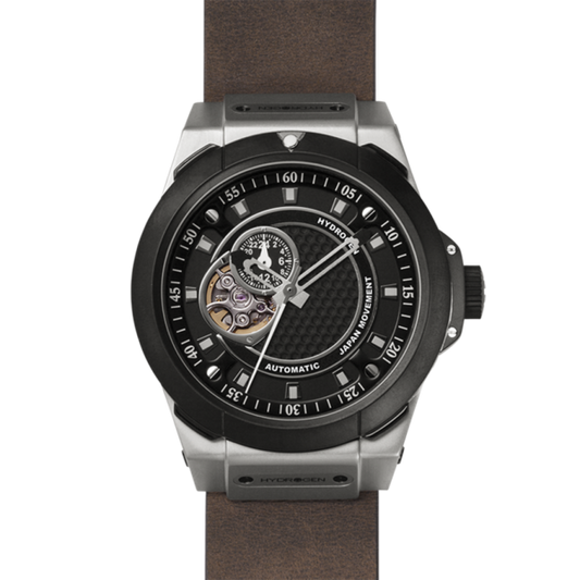 Montre Vento Silver Black Leather – Automatique GMT NH30 Japon, Acier Inoxydable, Cadran Noir Métallique, Bracelet Cuir Marron