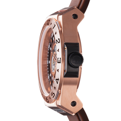 Montre Vento Brown Rose Gold (HW424402) – Automatique GMT Japon, Acier Or Rose, Cadran Marron, Bracelet Silicone Marron